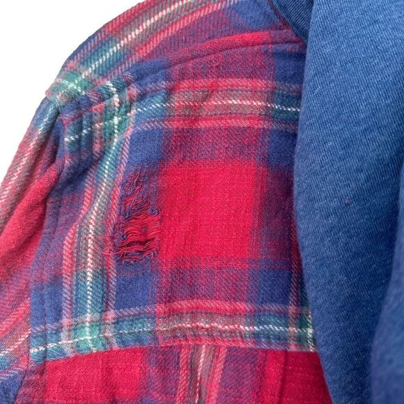 American Eagle Oversized Hooded Flannel Size S Red Blue Plaid Distressed Grunge - Picture 6 of 11